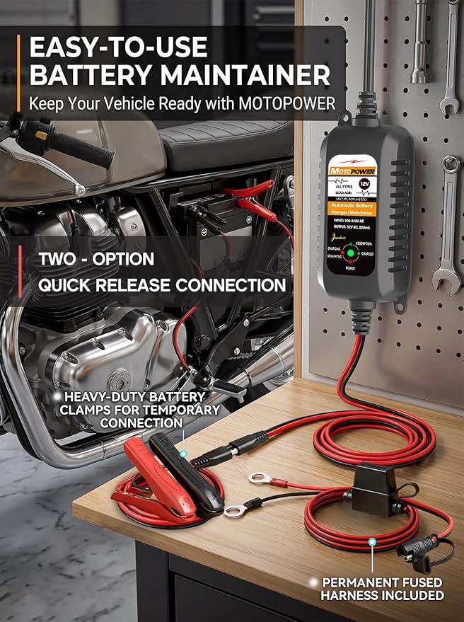MOTOPOWER MP00205A 12V 800mA Automatic Battery Charger, Maintainer, Trickle and Desulfator