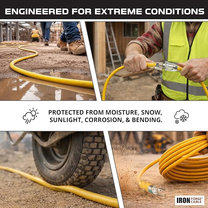 IRON FORGE CABLE 2 Pack of 25 Foot Outdoor Extension Cords - 12/3 SJTW Heavy Duty Lighted Yellow Extension Cable with 3 Prong Grounded Plug for Safety, 15 AMP - Great for Garden and Major Appliances