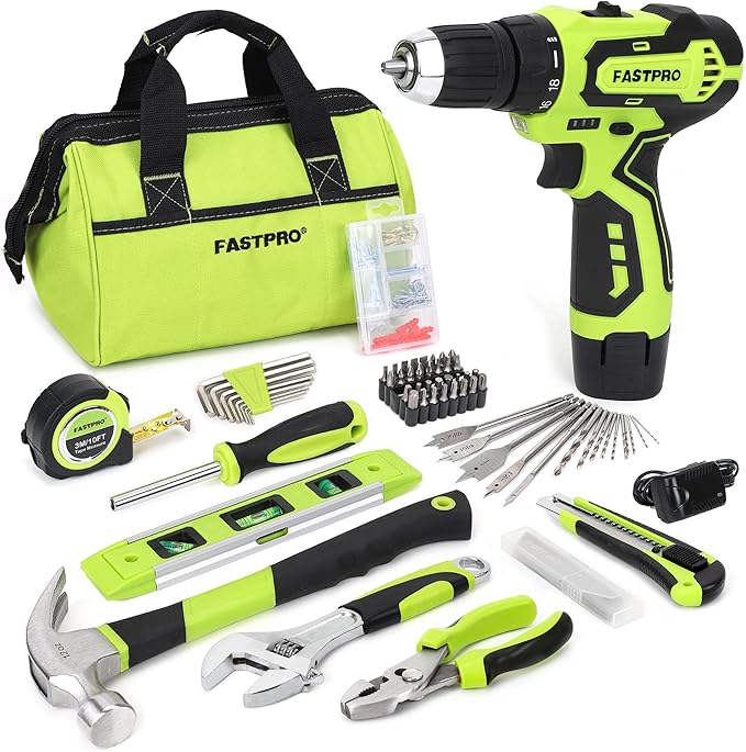 FASTPRO 175-Piece 12V Cordless Drill Set, Drill Driver and Home Tool Kit, House Repairing Tool with 12-Inch Storage Bag, For DIY, Home Maintenance, Green