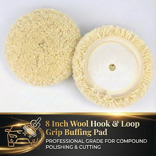 Woolous Wool Buffing Pad 8 inch Single Sided Polishing 100% Twisted Lamb Wool Polishing Buffing Compound Pad Wheel Bonnet with Hook and Loop for Auto Car Detailing