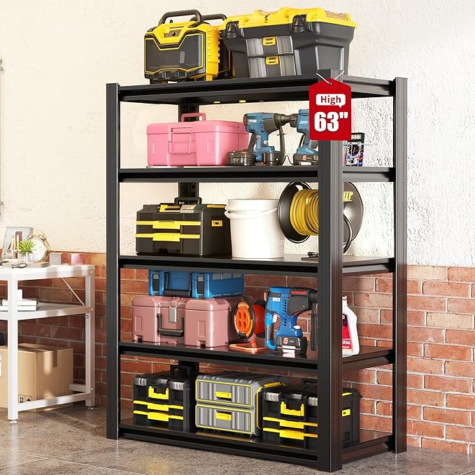 Storage Shelves, 5-Tier Garage Shelving, Adjustable Heavy Duty Shelving Units, Metal Industrial Utility Organizer Storage Racks for Basement, Kitchen, Warehouse, Pantry,16" D×31.5" W×63" H