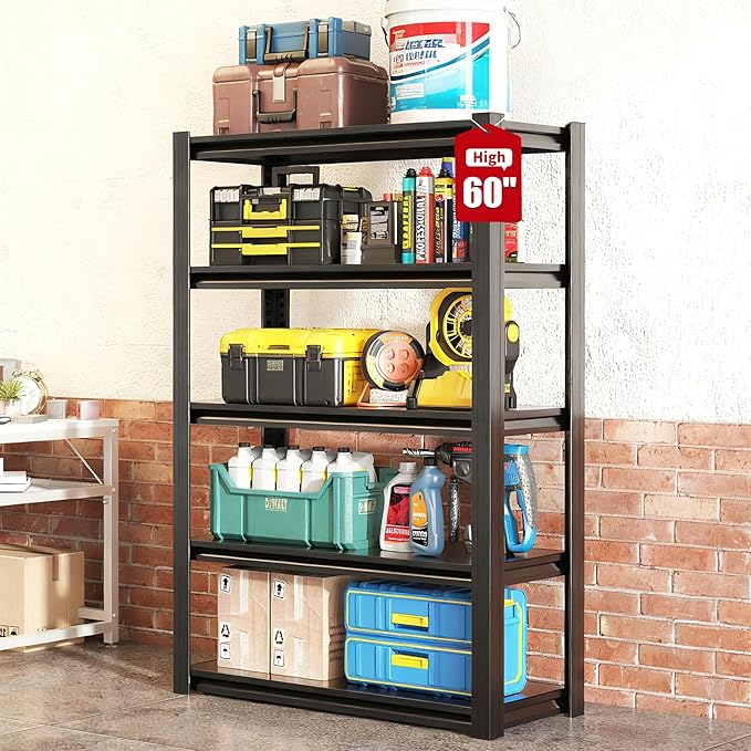 Storage Shelves, 5-Tier Garage Shelving, Adjustable Heavy Duty Shelving Units, Metal Industrial Utility Organizer Storage Racks for Basement,Kitchen,Warehouse,Pantry,12" D×27.5" W×60" H