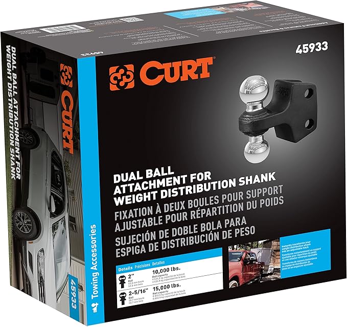 CURT 45933 Dual Ball Attachment for Weight Distribution Shank, 2 and 2-5/16-Inch, Up to 15,000 lbs