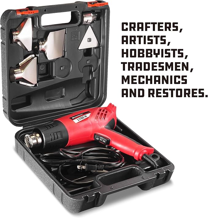 Powerbuilt 1500W Heavy Duty Heat Gun Kit with Dual Temperature & Speed Settings, 622°F–1022°F, 7 Accessories, and Storage Case – Ideal for Paint Removal, Heat Shrink, and Loosening Bolts - 240068