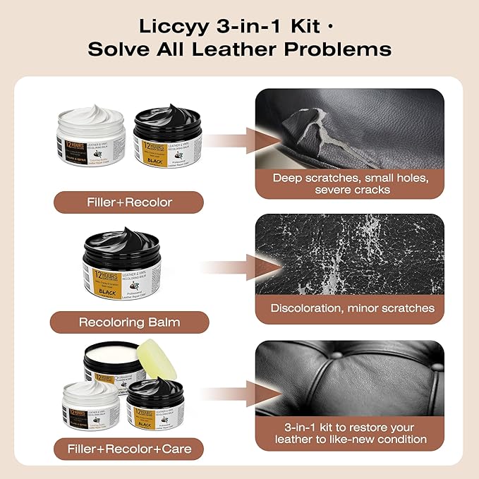 12H Quick-Dry Leather Repair Kit with 3.53Oz Red Leather Recoloring Balm, Filler & 4.23Oz Care Cream, 3-in-1 Vinyl Repair Set for Sofa, Car Seats, Jackets, Purses, Shoes, Faux Leather and More