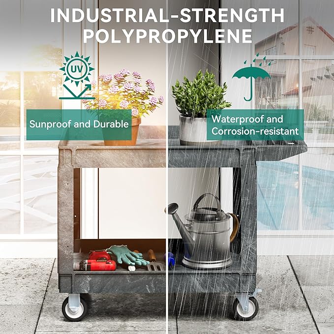 YITAHOME 2 Tier Heavy Duty Plastic Utility Cart 45 x 25 Inch, Rolling Work Cart w/Deep Shelves & 360° Swivel Wheels(2 Brake), Plastic Tool Cart Suitable for Warehouse, Garage, Office, Cleaning, Gray