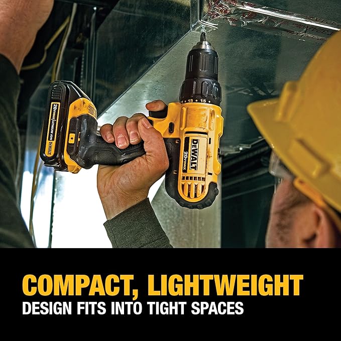 DEWALT 20V Max Cordless Drill Driver Set, 2 Speed, High Performance Motor, Includes 2 XR 1.3Ah Li-Ion Batteries, Charger and Contractor Bag (DCD771C2)
