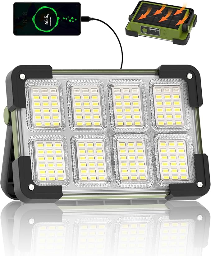 120W Solar Rechargeable Work Light, Portable Flood Light with Stand, 144 LED 10000LM Led Work Light with 4 Modes, IP66 Waterproof Outdoor Working Light for Emergency Repair Mechanic Camping