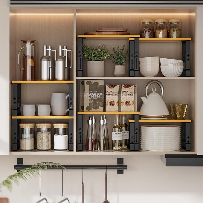 Kitchen Cabinet Organization Shelf，Set of 2 Height Adjustable Storage Racks，Stackable，Expandable，Countertop Shelves Organizer，Pantry Shelving(2PACKS/Large/Black)