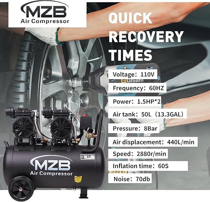 MZB 13.2 Gallon Ultra Quiet Air Compressor 115Psi Steel Tanks Oil Free Air Compressor Ideal for Tire Inflation Pneumatic Tool Spray Painting 70dB Noise Level
