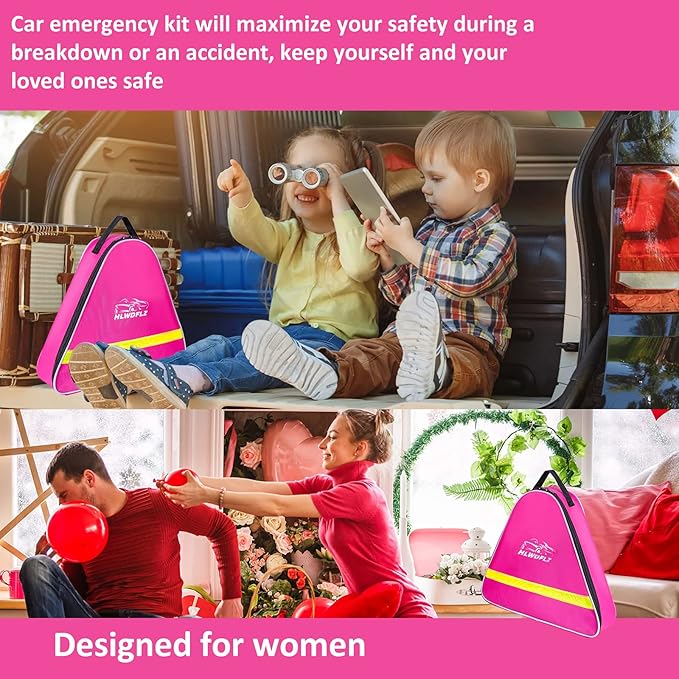 Pink Roadside Assistance Kit with Jumper Cable, Tow Rope, LED Road Flare, Deer Whistles and More Women Emergency Safety Tool Kit