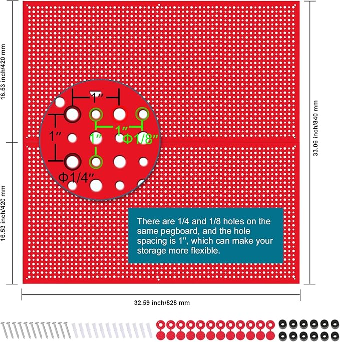 Metal Pegboard for Garage Storage,Steel Pegboard Heavy Duty 16-Inch X 32-Inch Metal Peg Board Tool Organization Panels (Red, 2 Pack)