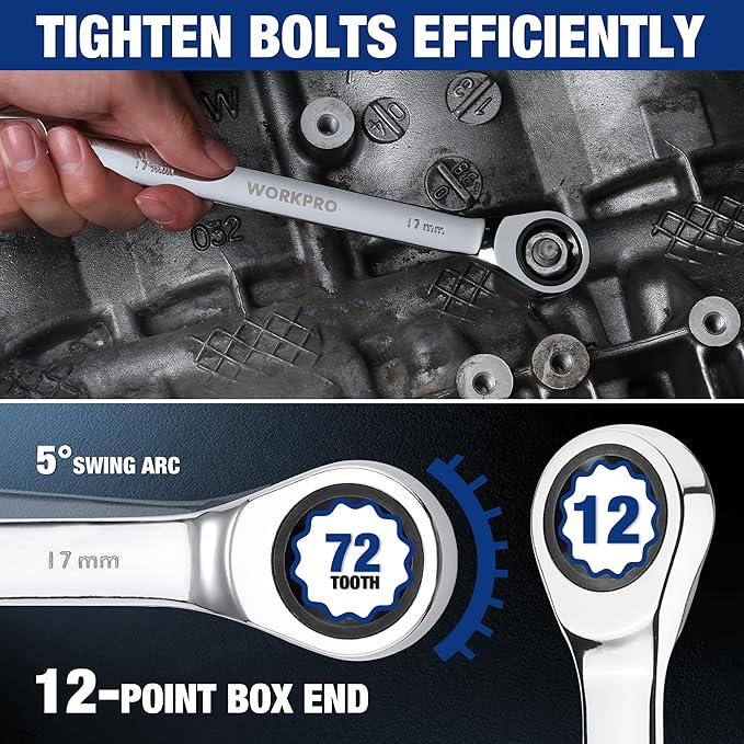 WORKPRO Ratcheting Wrench Set, Metric, 7-piece Ratcheting Combination Wrench Set, 8mm, 10mm, 11mm, 12mm, 13mm, 14mm, 17mm, 12-Point, CR-V Steel, with Organizer Rack