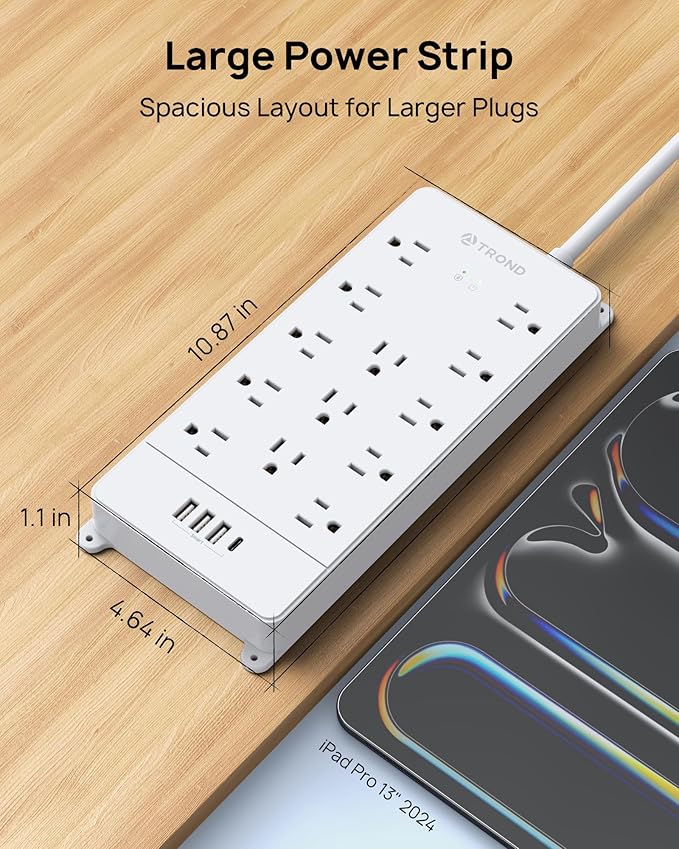 TROND Power Strip Surge Protector - White Extension Cord with USB Ports, 13 Widely-Spaced Outlets Expansion, 5ft, Flat Plug, Under Desk, Wall Mount, Heavy Duty, 4000 Joules, Office, Home, ETL Listed
