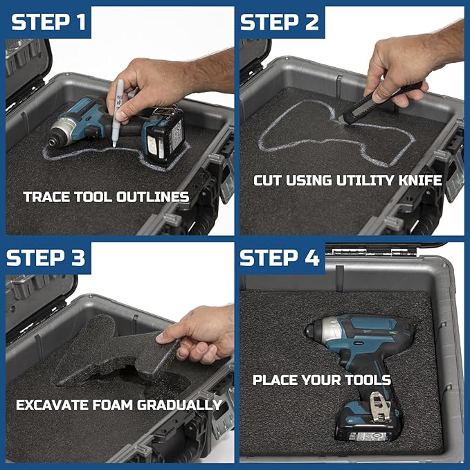 ONREVA Tool Box Foam 16x12x1 inch 4Pack, Foam Inserts for Cases, Polyethylene Storage Sheets for Toolbox Hard Case, Tool Shadow Insert, Kaizen Organizer Sheet, Black with Blue