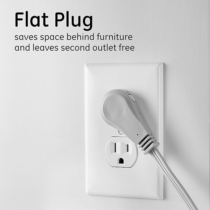 GE 3-Outlet Flat Extension Cord 8 Ft Grounded Extension Cord with Multiple Outlets 3 Prong Outlet Extender Flat Plug Indoor Power Strip 16 Gauge UL Listed Gray 43027