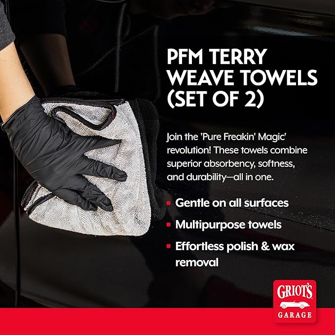 Griot's Garage PFM Terry Weave Microfiber Towel for Car Cleaning, Drying and Polishing, Vehicle Detailing, Scratch-Free, 16” x 16”, Set of 2, 55586