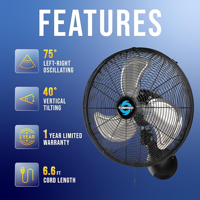 Tornado - 16 Inch Pro Series Oscillating Wall Mount Fan - High Velocity Heavy Duty Metal Wall Mount Fan for Industrial, Commercial, Residential, and Greenhouse Use - UL Safety Listed