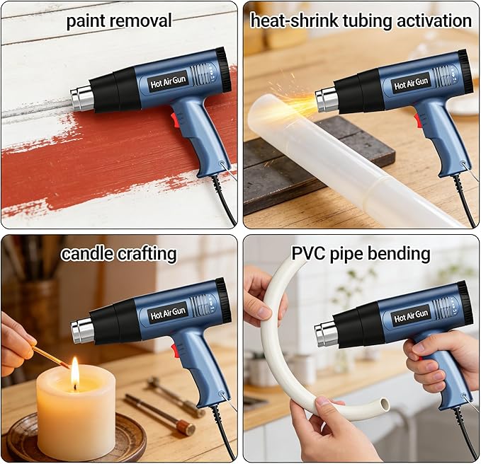 Heat Air Gun 1500W 140℉-1112℉（60℃- 600℃），Variable Temperature Control Overheat Protection with 4 Nozzles for Crafts, Shrinking PVC, Stripping Paint