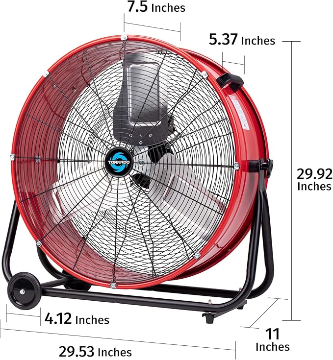 Tornado 24 Inch High Velocity Heavy Duty Tilt Metal Drum Fan Wide Version Red Commercial, Industrial Use 3 Speed 8800 CFM - 8 FT Cord UL Safety Listed