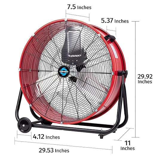 Tornado 24 Inch High Velocity Heavy Duty Tilt Metal Drum Fan Wide Version Red Commercial, Industrial Use 3 Speed 8800 CFM - 8 FT Cord UL Safety Listed (RED)