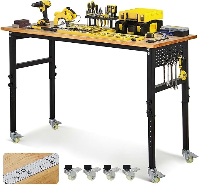 48" x 24" Heavy Duty Adjustable Workbench with Casters & Thickened Legs, 8-Level Height Adjustment, with Scale, Pegboard and Hooks, Rubberwood Worktable for Garage or Work