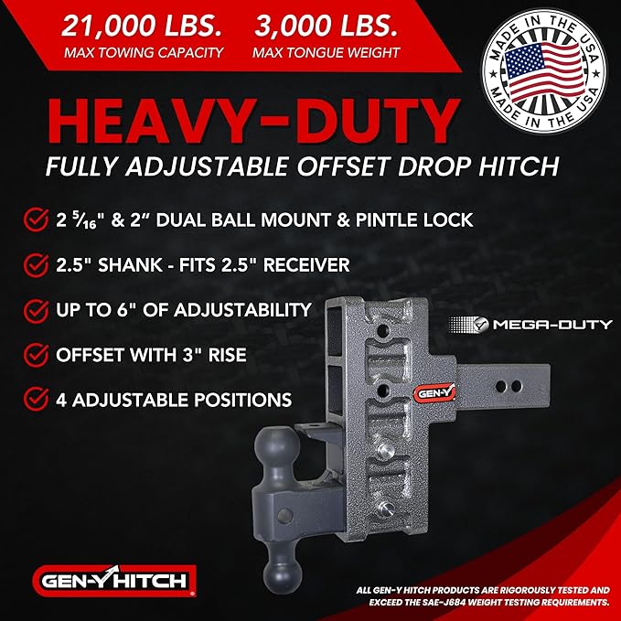 GEN-Y Hitch Offset Tow Hitch for 2.5" Receiver - 3" Rise/6" Drop with 4 Adjustable Positions, Includes Dual Ball Mount, Pintle Lock and Pins, 21,000 lbs Towing Capacity, 3,000 lbs Tongue Weight