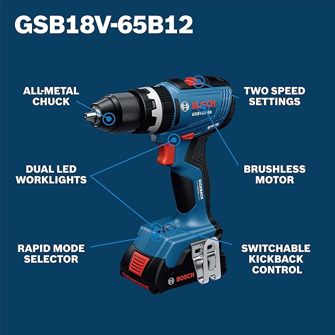 BOSCH GSB18V-65B12 1/2 In. Brushless Hammer Drill/Driver Kit - 575 In.-Lbs. Max Torque, Switchable KickBack Control, Rapid Mode Selector, Dual LED Worklights, Battery and Charger Kit Included