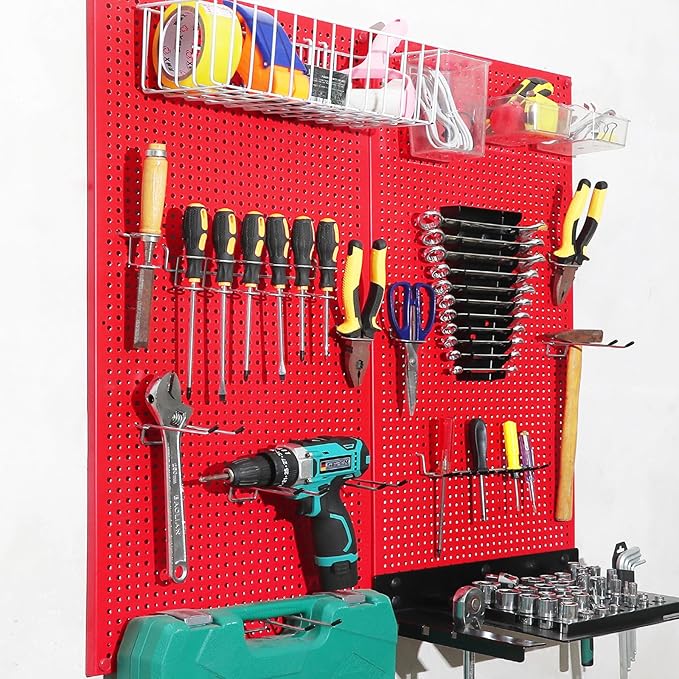 Metal Pegboard for Garage Storage,Steel Pegboard Heavy Duty 16-Inch X 32-Inch Metal Peg Board Tool Organization Panels (Red, 2 Pack)