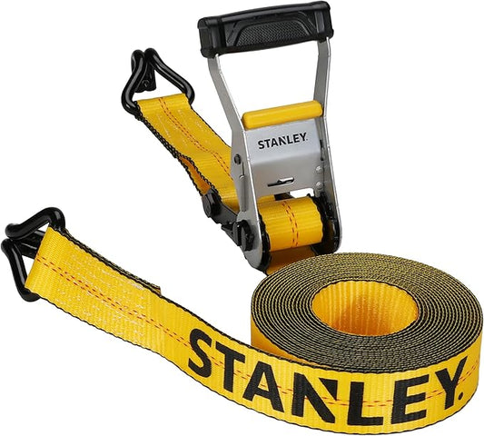 STANLEY S10000J Black/Yellow 2" x 27' Ratchet Strap with Double J-Hooks - 3,333 LBS Safe Working Load / 10,000 LBS Break Strength