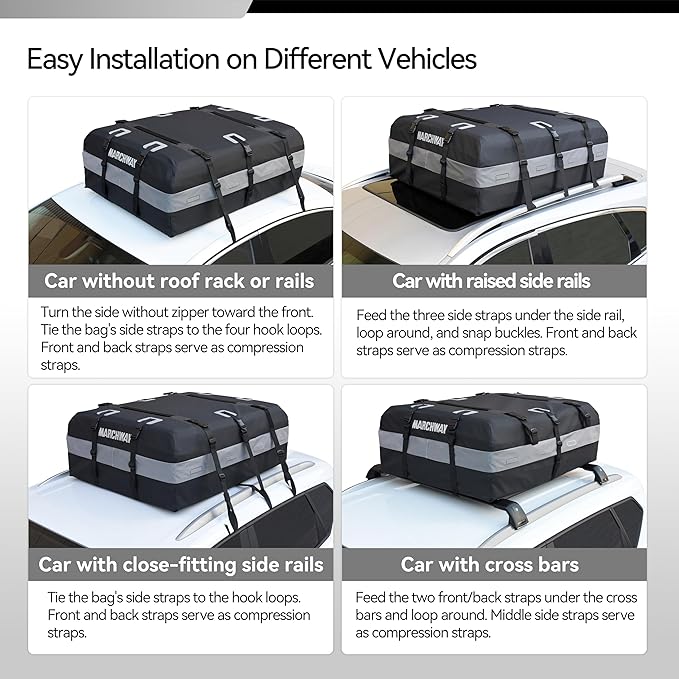 MARCHWAY Waterproof Car Roof Luggage Bag, Weatherproof Soft Shell Rooftop Cargo Carrier Bag for Vehicles with or Without Rack. 6 Door Hooks, Anti Slip Mat, Lock Included (21 Cubic Feet, Black)