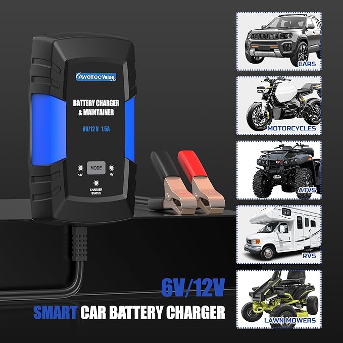 Smart Car Battery Charger,1.5A 6V/12V Automotive Trickle Charger,Tender,Maintainer with Memory Function,LED Light,12FT Cables for Vehicle Lead-Acid & Lithium Batteries