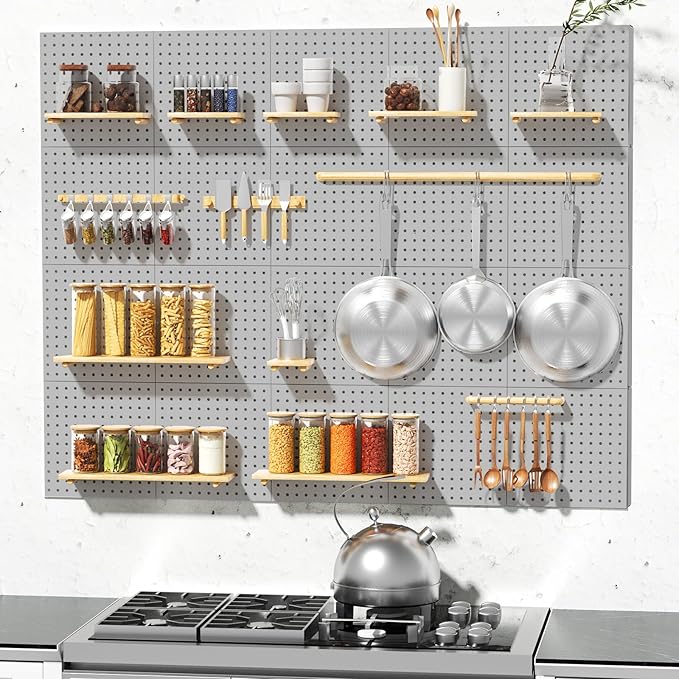 Peg Board, 6PCS Metal Pegboard, Heavy Duty Pegboard Wall Organizer with Frame. Pegboard for Walls, Garage, Workbench, Craft Room Tool Organization, Metal Pegboard Panels 12in*12in,Grey