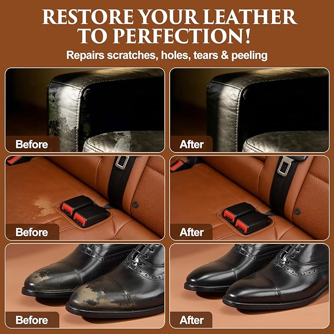 Leather Repair Kit for Furniture, Car Seats, Sofa, Jacket, and Purse, Vinyl Repair Kit with Super Easy Instructions to Match Any Color, Restore Any Glossy Leather Surface