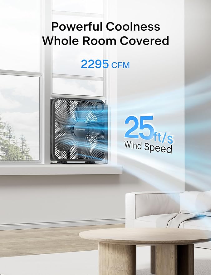 PELONIS 20 Inch Box Fan for Bedroom– 3 Speeds, 25ft/s, Floor Fan, Window Fan, Table Fan, Desktop Fan with Superior Air Throw (2295 CFM), Lightweight, 5 Blades, suitable for Office, Living Room, Garage