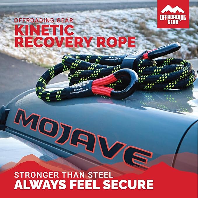 Offroading Gear 4x4 20'x3/4" Kinetic Recovery Rope & Tow Rope Kit| Black (19,000 lbs) | Elastic Snatch Strap | Heavy-Duty Loops | Truck |ATV| UTV| Jeep| Car| SUV| Etc.