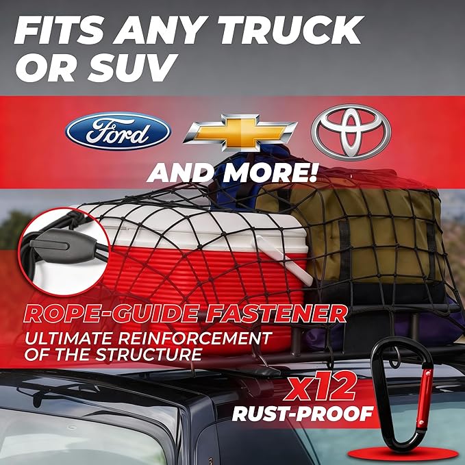 Heavy Duty Cargo Net for Pickup Truck Bed, 4'x6' Stretches to 8'x12' - 4"x4" Mesh 10mm Bungee Truck Bed Net with 12 Metal Carabiners, Anti-Slip Gloves & Guide for Trucks, SUV, Roof Rack