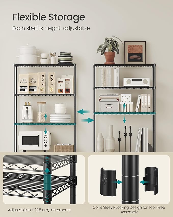SONGMICS Storage Shelf, Metal Wire Shelving Unit, Adjustable Shelves, for Garage, Bedroom, Living Room, Kitchen, Pantry, 5 Tier, 11.8 x 23.6 x 63.4 Inches, Ink Black ULGR165BH01S