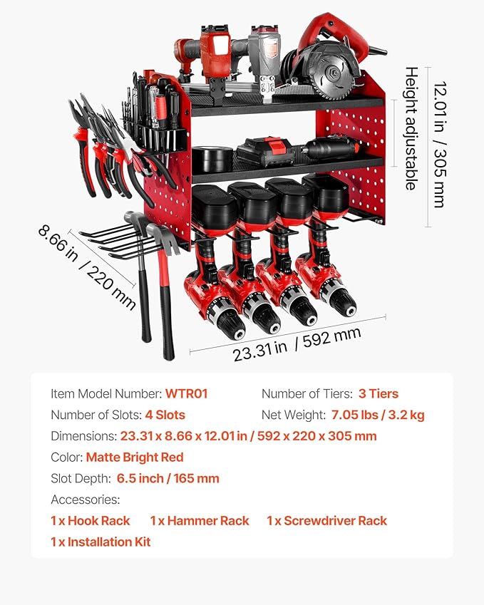 VEVOR Power Tool Organizer Wall Mount, 3-Layer Storage Rack with 4 Drill Holders, Tools Holder and Storage Rack with Side Pegboards, Garage Tool Organizer for Garage, Workbench, and Workshop