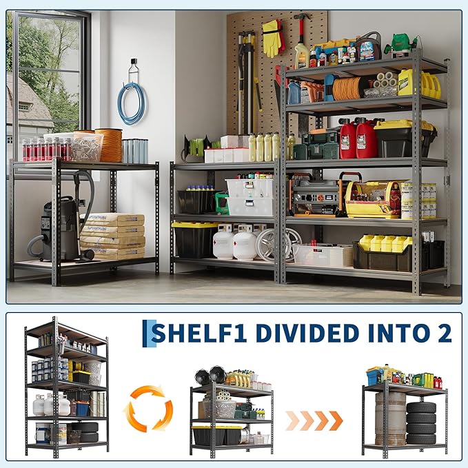 5-Tier Heavy Duty Adjustable Metal Storage Unit, 72" h x 35.5" w x 12" d, for Garage, Basement, Warehouse, Pantry, Closet, Kitchen, Black