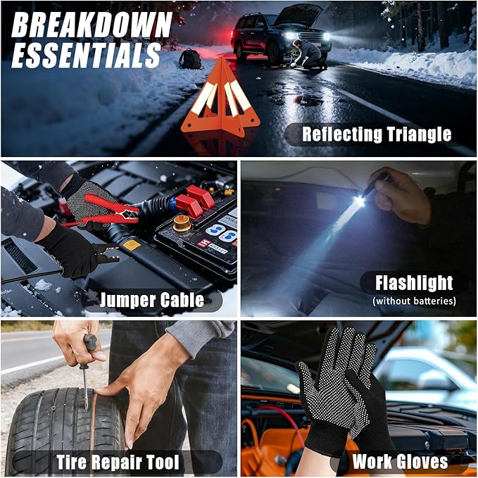 AUTODECO Roadside Emergency Car Kit Winter Road Trip Assistance Vehicle Safety Kit with Air Comperss, Detachable Snow Shovel, Jumper Cables, Tow Strap