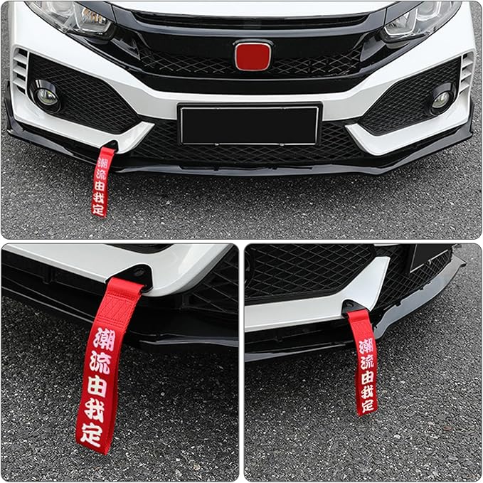 Windance 2pcs Car Modification Red Racing Tow Strap Personalized with Chinese Slogan,Decorative Traction Rope for Front Rear Bumper (Laser Speed Passion+ Youth Melody)