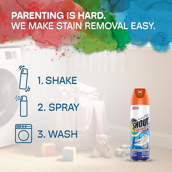 Shout Advanced Grease Busting Foam, Laundry Stain Remover, Oil and Grease Stain Remover for Clothes Laundry; Works on motor oil, bike grease, cooking oil, and more! 18oz Can