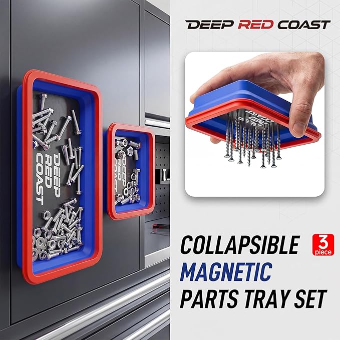 3PCS Magnetic Parts Tray Set, Collapsible Silicone Tool Trays in 3 Sizes for Organizing Screws Nuts Bolts Washers and Small Metal Parts