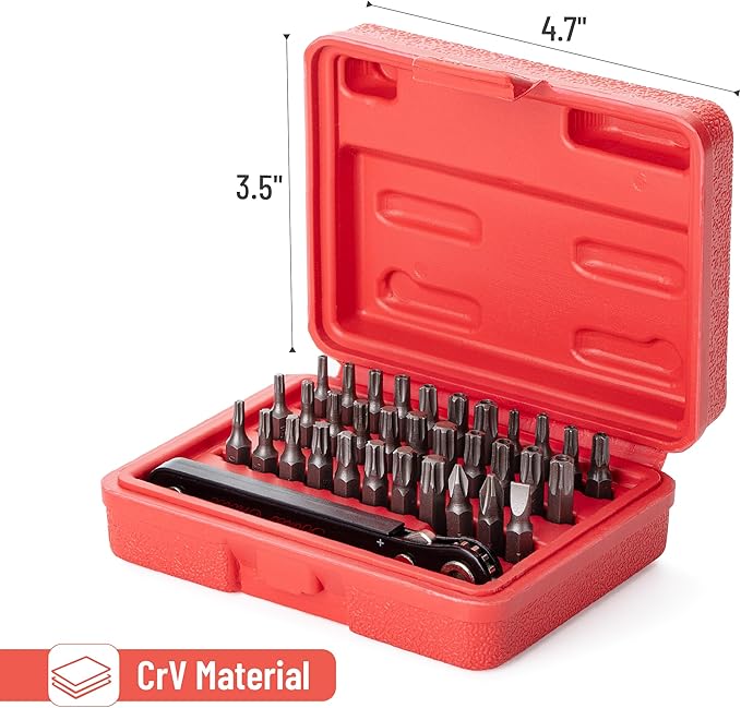 Bates Choice Mini Ratchet Set, 34 pcs, 1/4-Inch Drive, Cr-V Steel, Security Bit Set, Right Angle Screwdriver, 90 Degree Screwdriver, Torx Plus/Torx/Phillips/Slotted, Red Storage Box