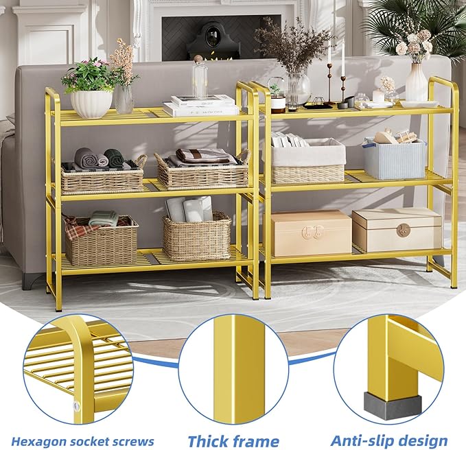 3 Tier 30" Wide Metal Wire Shelf, Stackable & Adjustable Gold Utility Shelves for Pantry, Garage, Closet Storage