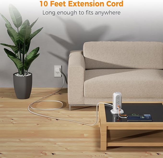 TESSAN Tower Power Strip Flat Plug with 11 Outlets 3 USB (1 USB C), Surge Protector Tower 1625W/13A,1050J Protection, 10 Feet Extension Cord with Multiple Outlets, Dorm, Office Desk Supplies, Grey