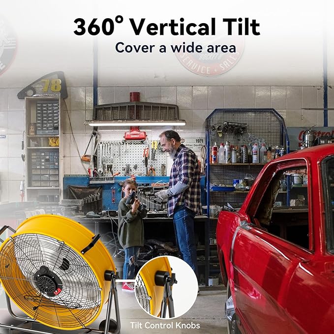 24 Inch Industrial Drum Fan 8800 CFM High Velocity Floor Fan for Garage, Warehouse & Workshop - 3-Speed Heavy Duty Metal Fan with 360° Tilt, Wheels & UL Safety Listed