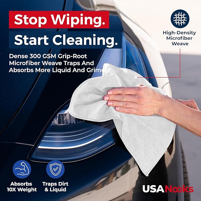 USANOOKS Microfiber Cleaning Cloth - White - 100Pcs (12.5x12.5 inch) High Performance - 1200 Washes, Ultra Absorbent Car Towel Traps Grime & Liquid for Streak-Free Mirror Shine - Car Washing Cloth