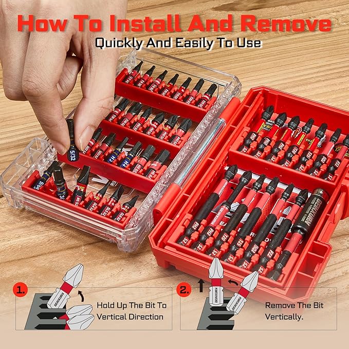 Geinxurn 107Pieces Impact Screwdriver Bits Set, Magnetic S2 Steel 1”/2”3”Phillips/Square/Torx/Slotted/Hex/Pozi Bits Tips and Impact Bit Holder with Storage Box Case